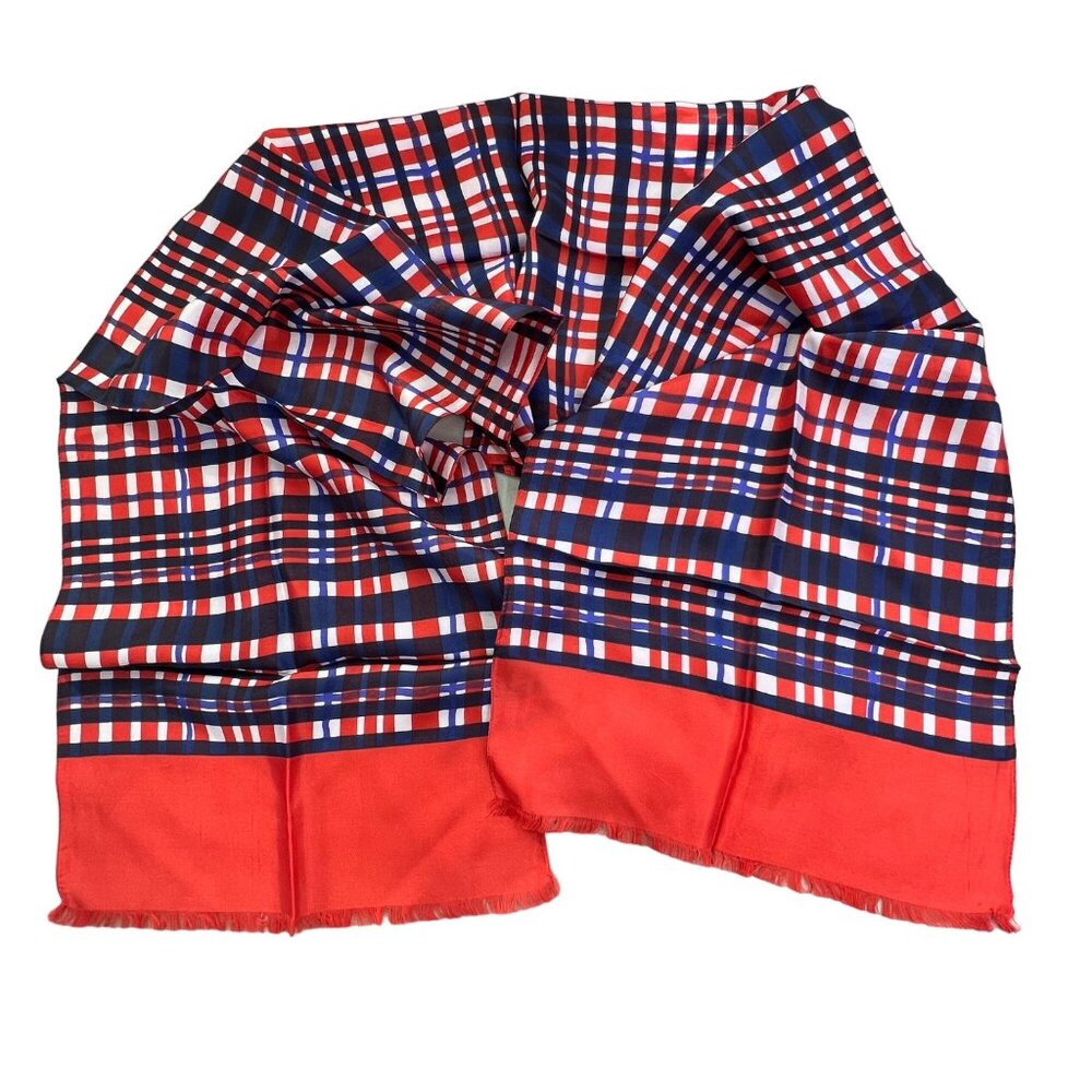 Vintage Plaid Rectangle Scarf Red Fringe Trim Lightweight Acetate Neck Wrap